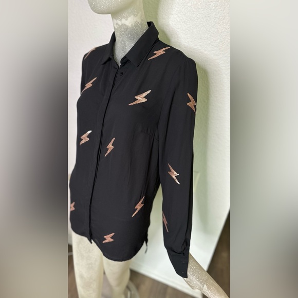 Do+Be Women’s Black Sheer Sequin Lightening Button Down Long Sleeve Top. Size S - Picture 3 of 12